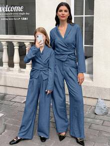 SHEIN 儿童/少女优雅法式纯色翻领褶裥不对称系腰长袖衬衫和阔腿裤两件套，蓝色，适合周末、休闲外出、返校季穿着。 - 藍色 - 查看 7