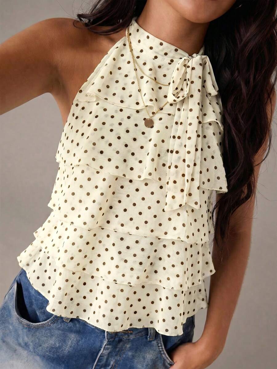 SHEIN BAE Women's Polka Dot Halter Neck Versatile Casual Top - Apricot - View 1