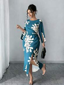 Elenzga Đầm maxi cỡ lớn dành cho nữ, thanh lịch, tối giản, thích hợp mặc đi làm hàng ngày, hẹn hò, dự tiệc, gợi cảm, xẻ tà ở cổ tay, ôm sát, màu mơ, họa tiết hoa đen. - Fresh Green - Xem 1