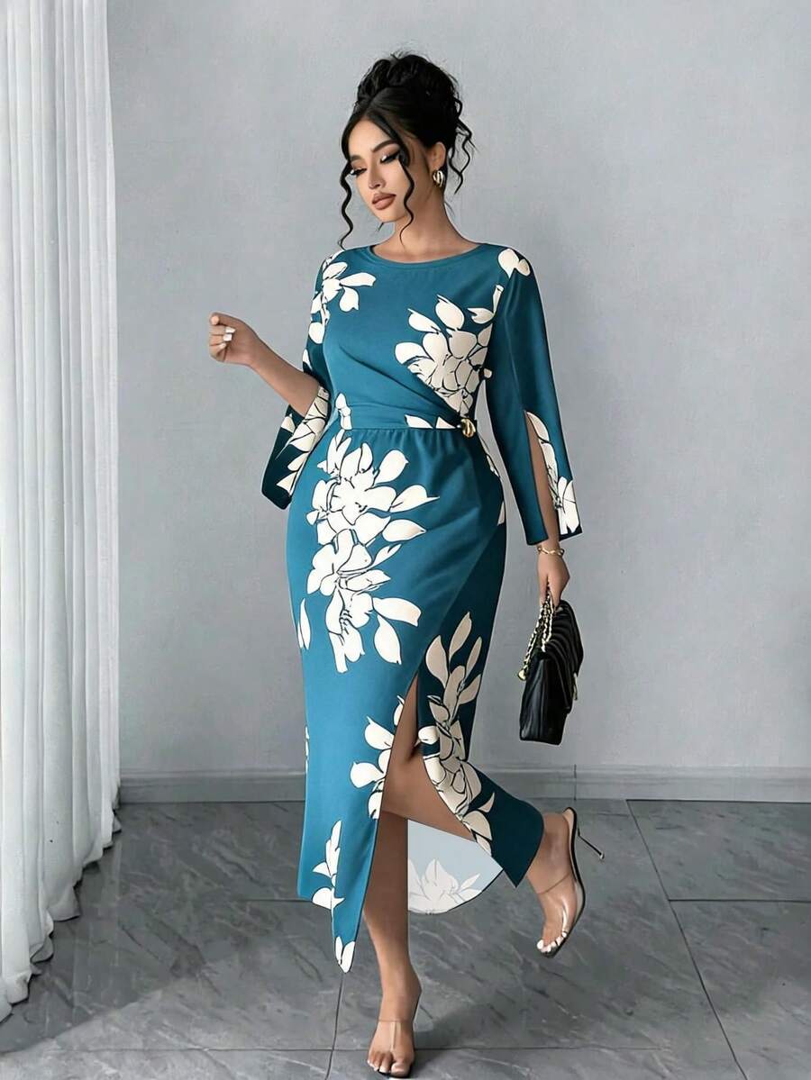 Elenzga Đầm maxi cỡ lớn dành cho nữ, thanh lịch, tối giản, thích hợp mặc đi làm hàng ngày, hẹn hò, dự tiệc, gợi cảm, xẻ tà ở cổ tay, ôm sát, màu mơ, họa tiết hoa đen. - Fresh Green - Xem 1