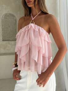 Firerie Damen Sommer elegant romantisch Urlaub Neckholder Metall Dekoration mehrschichtig Rüschen Lotus Rosa Bluse Top - Altrosa - Übersicht 8