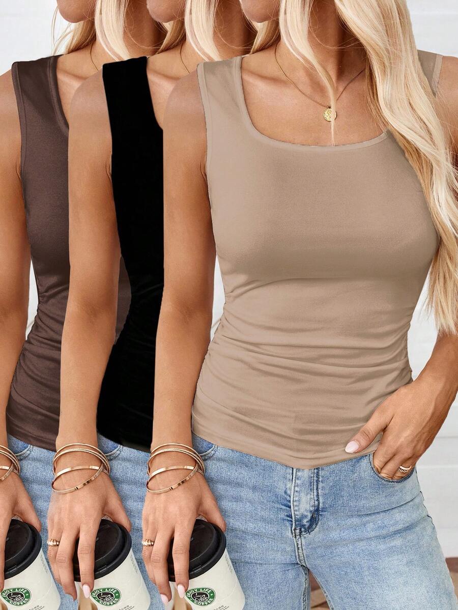 SHEIN LUNE 女款純色休閒百搭背心上衣 3 件組 日常穿著 - 彩色 - 查看 1