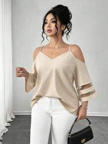 Elenzga 大码女式梭织常规春夏休闲通勤吊带露肩七分袖网纱拼接黑色上衣 - 米色 - 查看 5