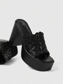 ROMWE Goth 性感時尚厚底高跟涼鞋，哥德龐克風植物刺繡一腳蹬女鞋，適合居家通勤度假夜店派對假期，夏季女鞋 - 黑色 - 查看 6