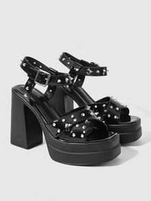 Sugerpunk Sandalias de plataforma de tacón alto con punta cuadrada y abierta, estilo callejero para mujer. Diseño de hebilla cuadrada de metal con tachuelas góticas de estilo punk, correa de tobillo elástica, plataforma gruesa impermeable, tacón ancho. Zapatos de mujer para discoteca, fiesta y festival de primavera/verano, de fácil puesta. - Negro - Ver 2