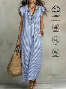 SHEIN Holidaya 清爽的蓝白竖条纹V领荷叶边下摆宽松A字连衣裙，适合外出、日常休闲穿着及更多场合。 - 藍白色 - 查看 3