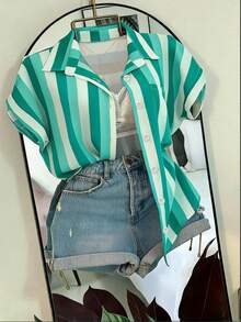 INAWLY Women's Striped Patchwork Single-Breasted Casual Versatile Daily Wear Shirt - Green - View 5