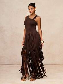 Lumalex Vestido con cuello asimétrico, cintura ceñida y volantes exagerados en capas para mujeres - Marrón - Ver 2