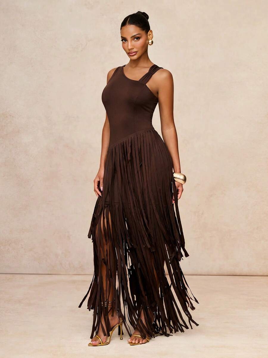 Lumalex Vestido con cuello asimétrico, cintura ceñida y volantes exagerados en capas para mujeres