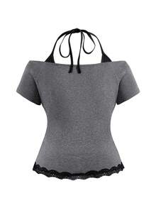 ROMWE Grunge Punk Plus Size Millennium Punk Skull Pattern Lace Trim Deep V-Neck 2 In 1 Cinched Waist T-Shirt - Grey - View 2