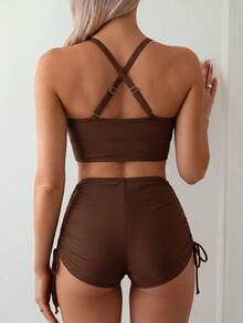 Swim Chiccia Women's Two Pieces Solid Color Slimming Tankini Bikini Set Set With Side Drawstring, Suitable For Beach, Resort, Casual Party - Coffee Brown - View 2