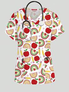 PopScrub Women's Nurse Scrub Uniform Top With Apple, Rainbow, Pencil Cartoon Patterns, V-Neck Short Sleeve Design With Pockets And Side Slits, Cute Scrub Top, Nursing Scrub Uniform Top - White - View 1