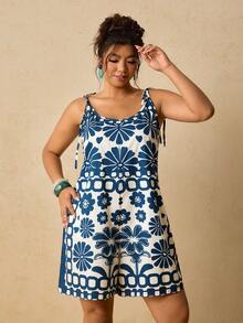 Travachic Plus Size Casual Vacation Floral Print Red Tie-Up Loose Camisole For Women - Blue and White - View 1