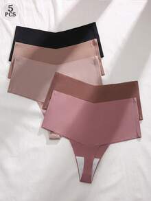 SHEIN 5pcs/Set Solid Color Comfortable High Waist Seamless Thong Panties - Multicolor - View 2