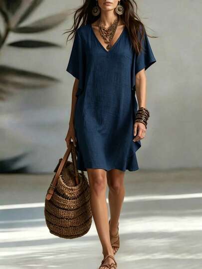 Breezaya Vestido feminino Holidaya elegante, solto e casual, com mangas morcego e decote em V, em tecido listrado estampado. Um vestido estiloso e casual, perfeito para o verão, férias, praia, formatura ou como roupa para mães. Também adequado para viagens, estilo campestre e muito mais. Ideal para a temporada de formaturas, para o dia a dia, para o escritório, versátil e estiloso, e também para o ambiente profissional urbano.