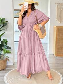 Vionelle Plus Size Solid Color Boho Ruffle Trim Regular Dress, Spring/Summer Vacation Dusty Pink - Pink - View 6