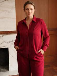 MOTF PREMIUM PLUS SIZE WOMEN'S COMMUTER FOLD PLEATED BUTTON FRONT SHIRT - Red - View 1