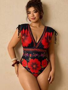 Travachic Plus Size Women's One-Piece Floral Print Swimsuit, Suitable For Beach Vacation Holiday, Pool Party, Summer Bathing Suits For Women - Red - View 7