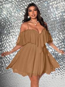Viva Relle Plus Size Elegant Solid Color Off-Shoulder Spaghetti Strap Dress, Summer - Khaki - View 5