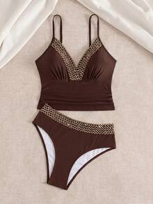 Swim Chiccia Bộ bikini hai mảnh màu trơn dành cho nữ, kiểu dáng ôm sát, dây đeo màu vàng có thể điều chỉnh, quần cạp cao, thích hợp cho kỳ nghỉ, tiệc tùng, thường ngày. - Cà phê nâu - Xem 2