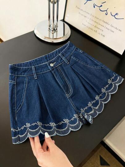 Qadelle Women's Pocketed Embroidered Casual Curved Hem Denim Shorts