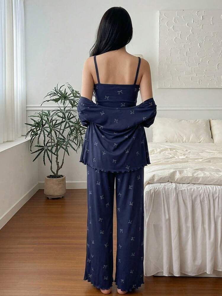 3pcs Bow Print Allover Allover Print Camisole And Pants Women Pajama Set
