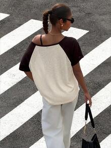 Muchica Women's Letter Print Off-Shoulder Casual Versatile Daily Wear Short Sleeve T-Shirt - Brown - View 2