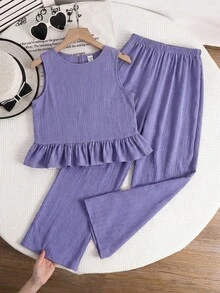 SHEIN 少女春夏休闲度假时尚紫色编织纹理条纹无袖上衣搭配直筒裤套装，适合度假、派对、优雅、返校、可爱、春季野餐、日常穿着。 - 紫色 - 查看 4