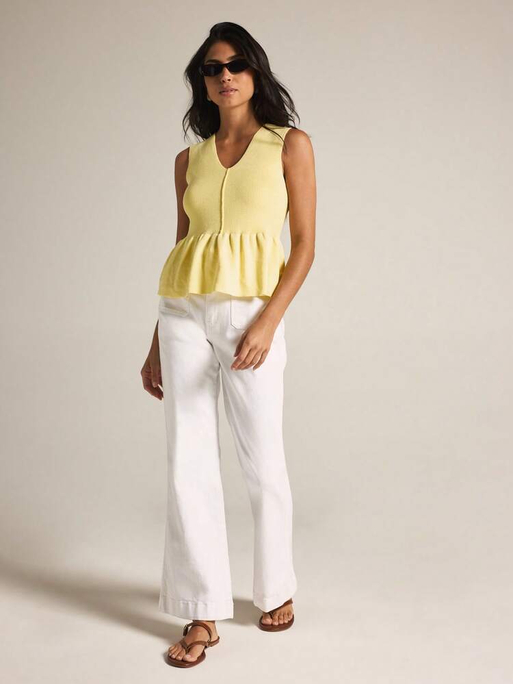 KSTM Regata Feminina de Tricô Canelado com Decote em V e Bainha Peplum Evasê, Top Casual de Verão e Primavera