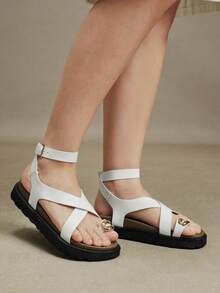 Solecia Conjunto de sandalias de plataforma con hebilla metálica en los dedos, sandalias de plataforma tipo muffin, de moda y versátiles, zapatos de plataforma con correa trasera - Blanco - Ver 8