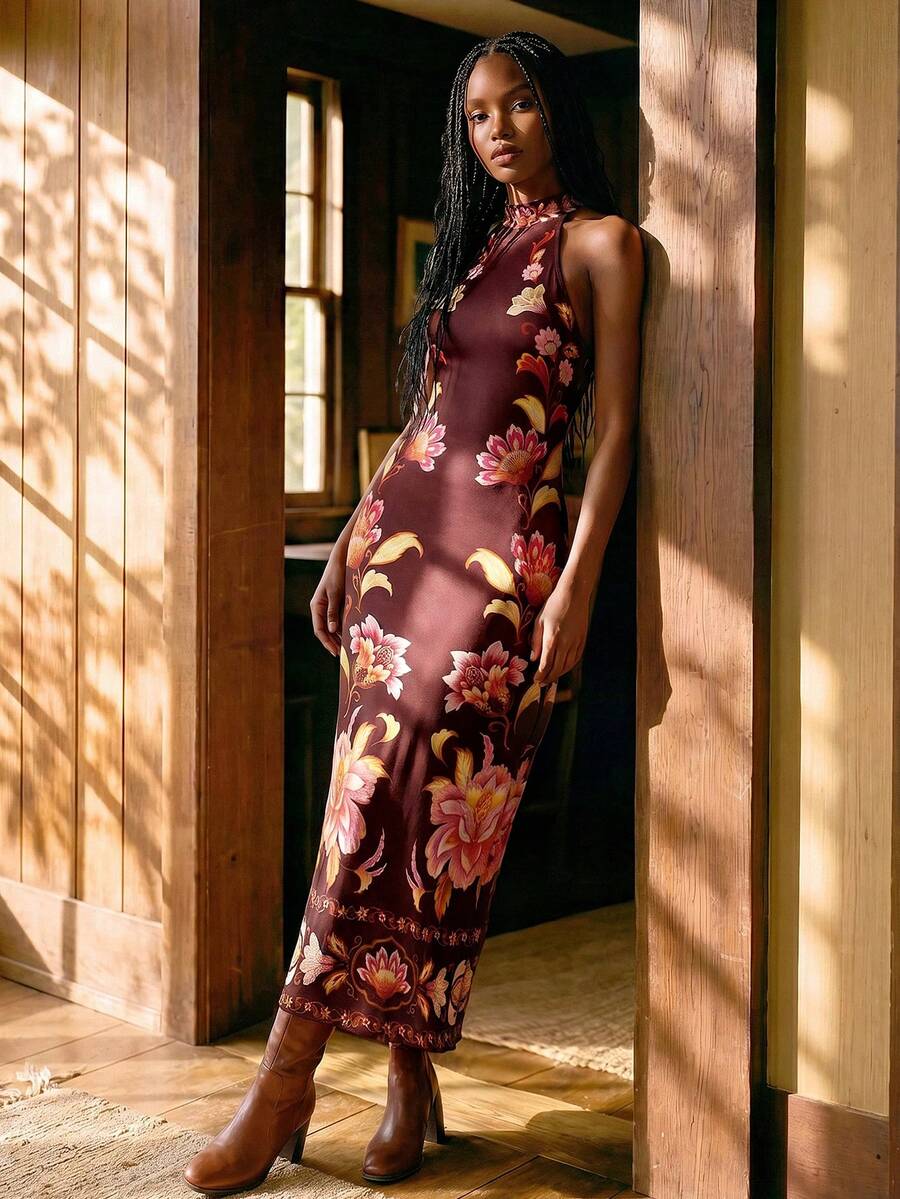 CAJUNI Vestido de punto con estampado de flores rosas y marrones elegantes. - Óxido marrón - Ver 1