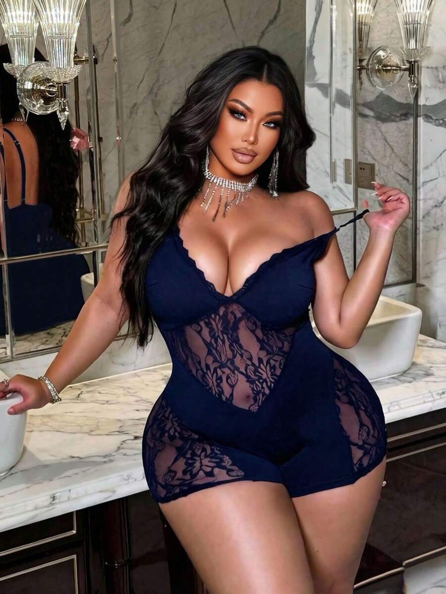 NU&NOW Plus Size Women Lace Patchwork Sexy Daily Wear Date Night Jumpsuit Navy Blue Summer - Navy Blue - View 1