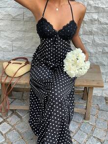 SHEIN PETITE 女士夏季小码黑色波点长裙，黑色蕾丝V领吊带露背A字裙，适合度假、海滩婚礼、优雅休闲、复古等多种场合。 - 黑色 - 查看 8