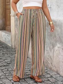 SHEIN PETITE CURVE Quần nữ cỡ lớn kẻ sọc thắt eo kiểu dáng thường ngày - Nhiều màu - Xem 3