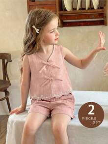 LMoss Kids 2pcs Young Girl Woven Solid Color Casual Vest And Shorts Set - Dusty Pink - View 6