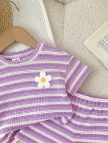 LMoss Kids 2pcs Baby Girl Knitted Striped Round Neck T-Shirt And Shorts Set - Mauve Purple - View 5