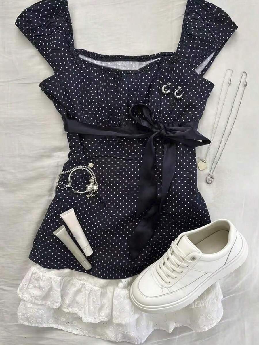 IslaSuriya XS Navy Blue Polka Dot Tie Waist Blouse For Women, Petite Women Everyday Summer Cute - Navy Blue - View 1