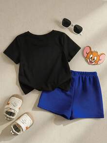 TOM & JERRY X SHEIN 2pcs/Set Baby Boy Casual Cartoon Graphic Round Neck Short Sleeve T-Shirt And Shorts Comfortable Outfit - Black - View 3