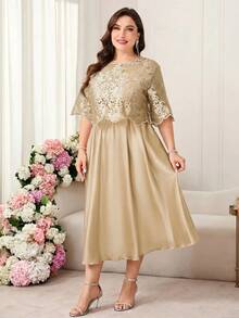 Reflora Plus Size Elegant Lace Patchwork Party Dress - Champagne - View 5