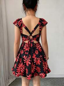 Elenzga Đầm mini nữ thanh lịch, thời trang, thoải mái, quyến rũ, cổ điển, tối giản, cao cấp, lãng mạn, thích hợp cho kỳ nghỉ hè, hở lưng, tay bồng xếp ly, thắt eo chéo, dáng chữ A, họa tiết hoa nhuộm tie-dye (Họa tiết ngẫu nhiên) - màu đen - Xem 2