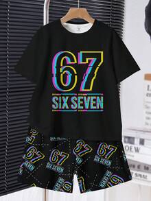 Tween Boy Casual Comfortable Minimalist Round Neck Short Sleeve T-Shirt And Shorts Set, Classic Cool 6,7 Text And Graffiti Print Pattern, Suitable For Spring And Summer - Multicolor - View 3