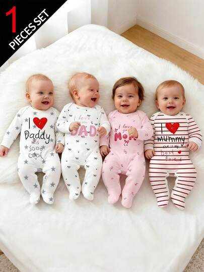 SHEIN [Random 3 Sets, Send 1 Set] Newborn Romper, Sweet Heart + Warm Parent-Child Theme Print, Ins Fresh And Cute Style, Long Sleeve With Foot Cover Design, Snap Front Closure For Easy Dressing, Suitable For Home, Strolling, Family Photo, Holiday Gift