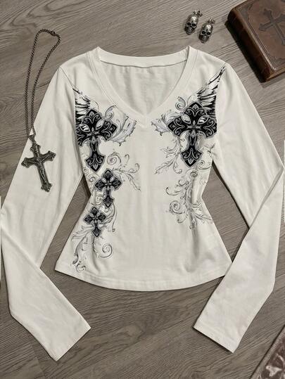 Attitoon Women's V-Neck Casual Minimalist Versatile Slim Fit Long Sleeve T-Shirt, Suitable For Airport Outfit