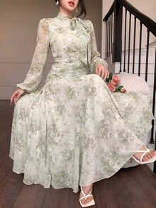 Modelyn 女士蓝色系带领褶皱腰身连衣裙，适合春秋季户外穿着 - 綠色 - 查看 6