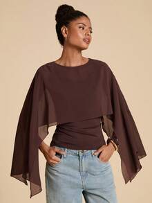 Travachic Áo kiểu nữ mặc thường ngày đi du lịch, màu trơn, tay choàng poncho, xếp ly, dáng ôm, thanh lịch, áo top mùa hè - màu nâu - Xem 7