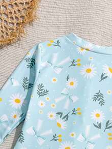 Young Girls' Long Sleeve One-Piece Swimsuit With Daisy & Bow Print, Suitable For Beach, Resort, Spa, Swimming Pool - Multicolor - View 5