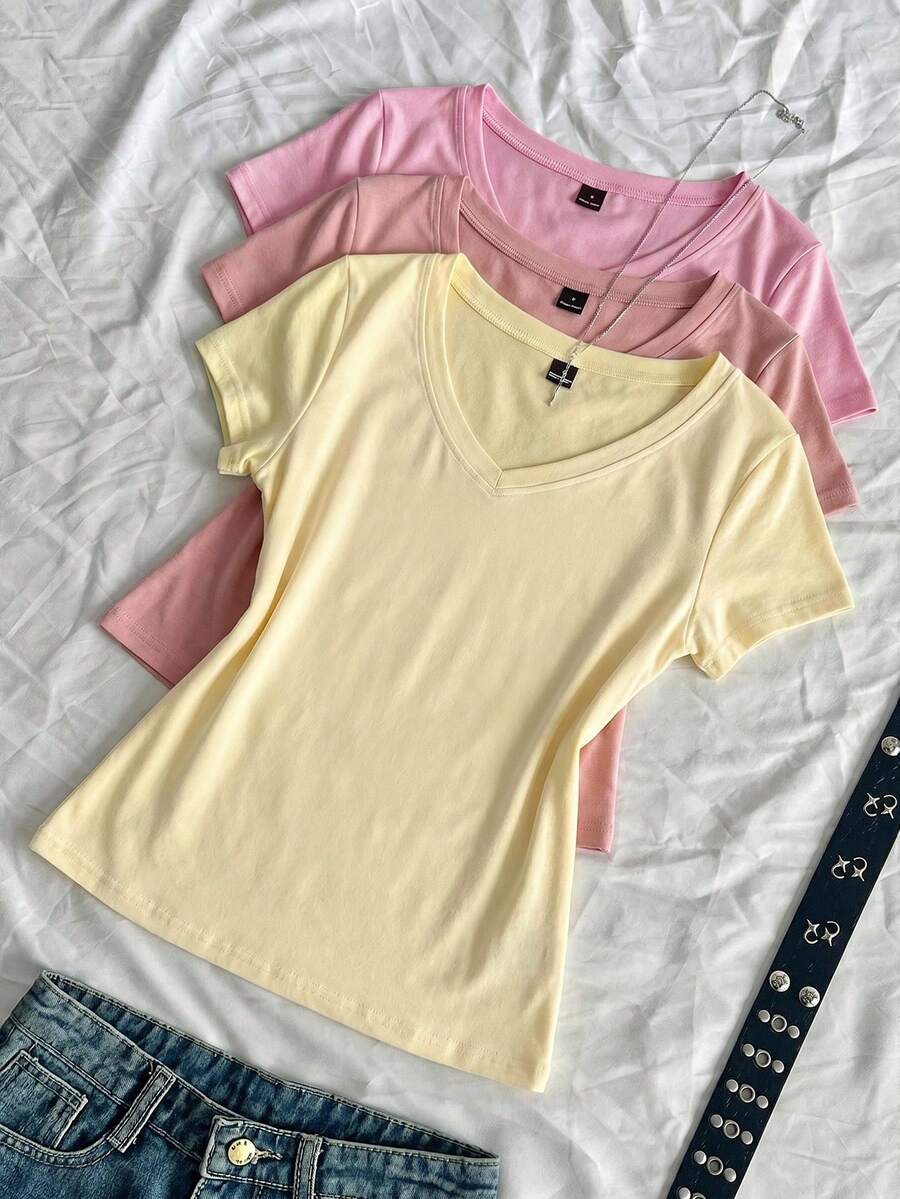SHEIN EZwear 3件組女款夏季V領修身T恤,龐克次文化動漫純色基本款V領短袖修身T恤 - 彩色 - 查看 1