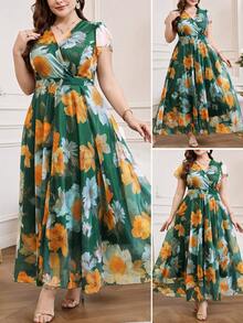SHEIN Clasi Đầm cỡ lớn in hoa, tay ngắn, kiểu vạt chéo, eo nhún. - màu xanh lá - Xem 2