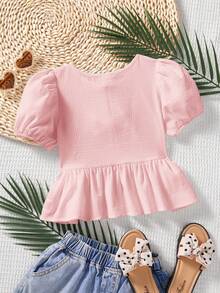 SHEIN LMoss Kids 少女休閒素色圓領短袖套頭上衣 - 粉色 - 查看 2