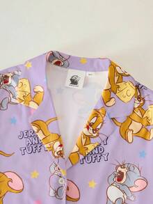 TOM & JERRY X SHEIN 少女卡通印花短袖上衣和短裤睡衣套装 - 紫色 - 查看 3